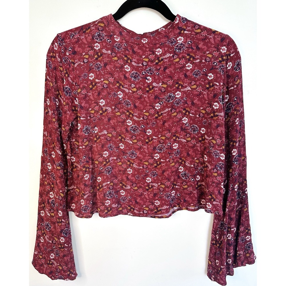 Ten Sixty Sherman Boho Floral Bell Sleeve Top Small Burgundy Red Mock Neck Retro